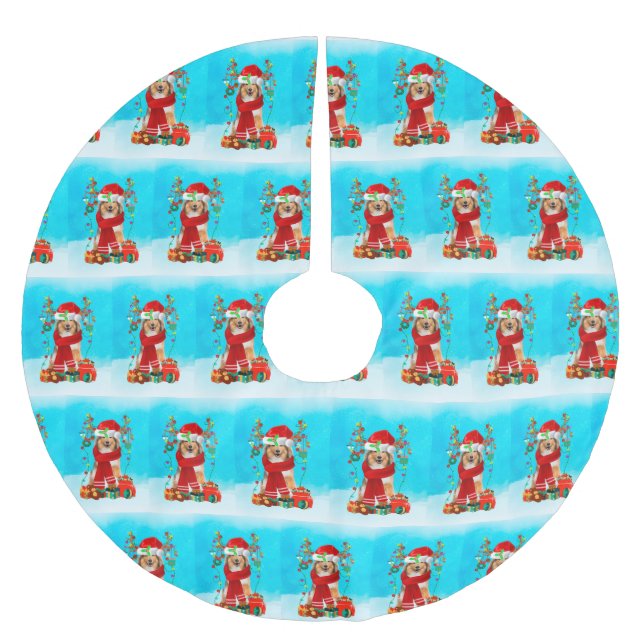 Rough Collie im Schnee mit Weihnachtsgeschenken Polyester Weihnachtsbaumdecke (Vorderseite)