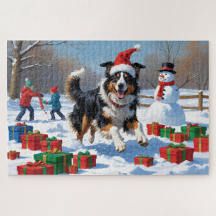 Rough Collie läuft im Schnee mit Weihnachtshut