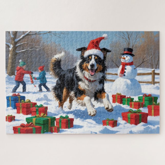 Rough Collie läuft im Schnee mit Weihnachtshut (Horizontal)