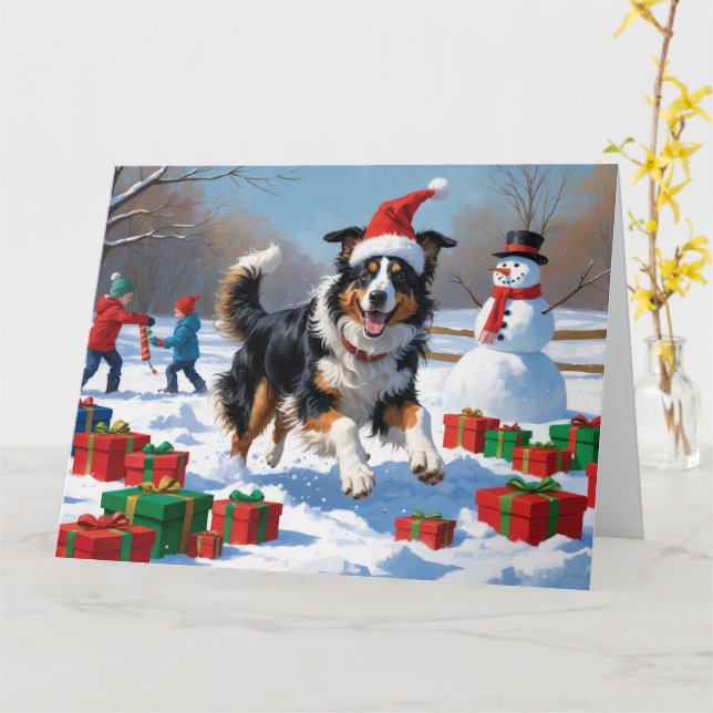 Rough Collie läuft im Schnee mit Weihnachtshut Karte (Gelbe Blume)