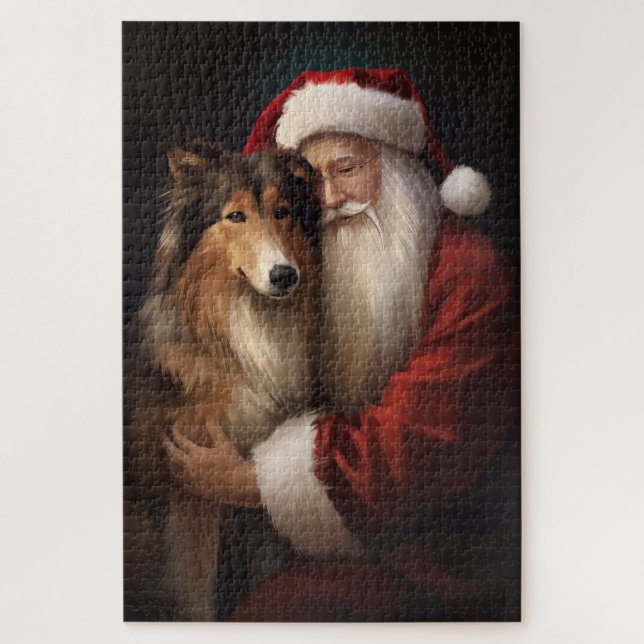 Rough Collie mit dem Weihnachtsmann Feierliche Wei (Vertikal)