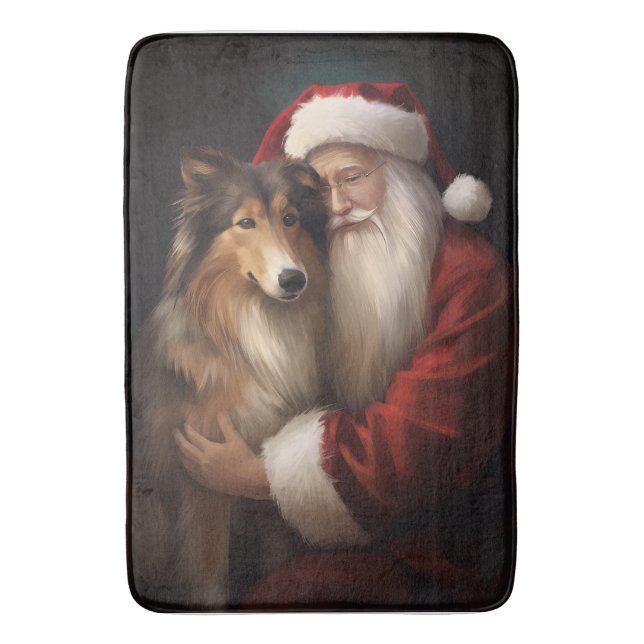 Rough Collie mit dem Weihnachtsmann Feierliche Wei Badematte (Vorderseite Vertikal)