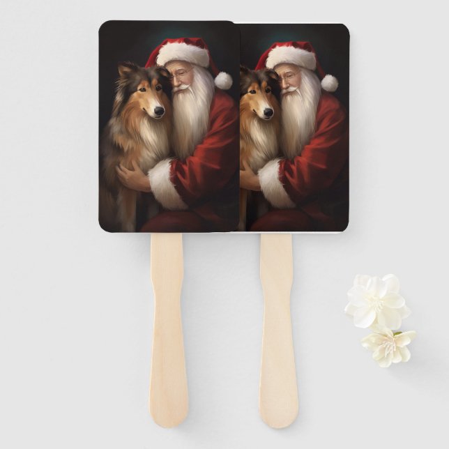 Rough Collie mit dem Weihnachtsmann Feierliche Wei Fächer (Vorne und Hinten)