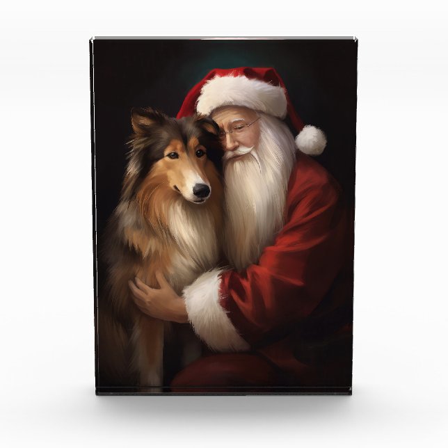 Rough Collie mit dem Weihnachtsmann Feierliche Wei Fotoblock (Vorderseite)