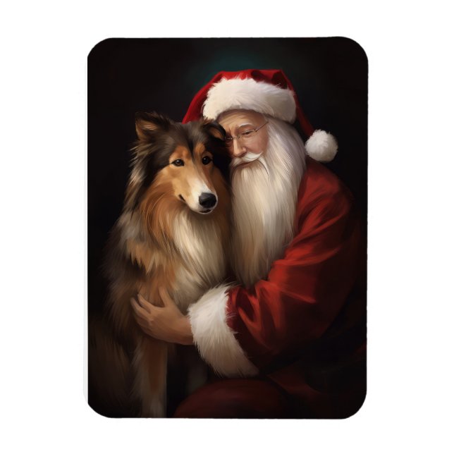 Rough Collie mit dem Weihnachtsmann Feierliche Wei Magnet (Vertikal)