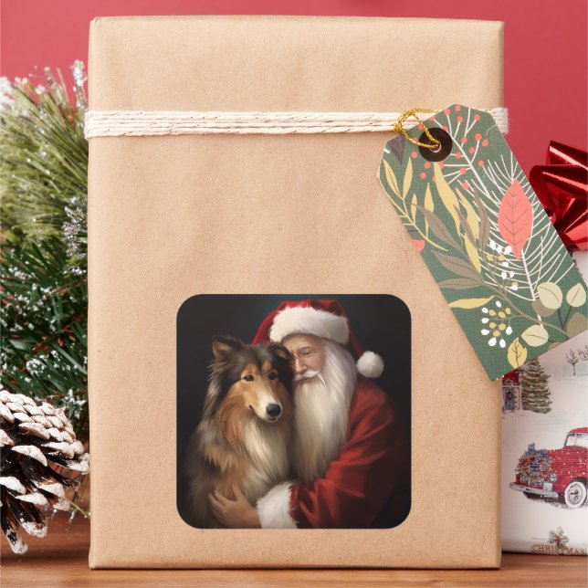 Rough Collie mit dem Weihnachtsmann Feierliche Wei Quadratischer Aufkleber (Feiertag)
