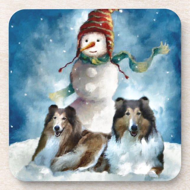 Rough Collie mit Snowman Christmas Getränkeuntersetzer (Vorderseite)