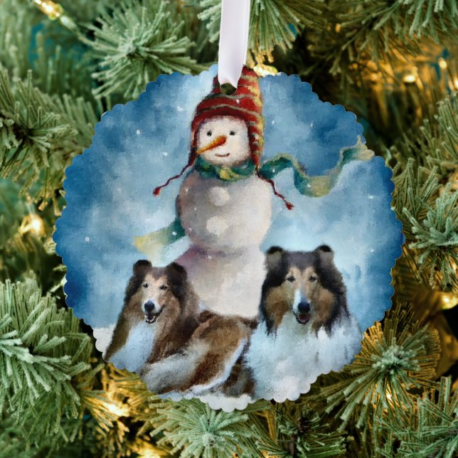 Rough Collie mit Snowman Christmas Ornament Karte (Insitu (Baum))