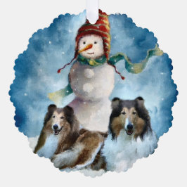 Rough Collie mit Snowman Christmas Ornament Karte