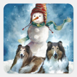 Rough Collie mit Snowman Christmas Quadratischer Aufkleber