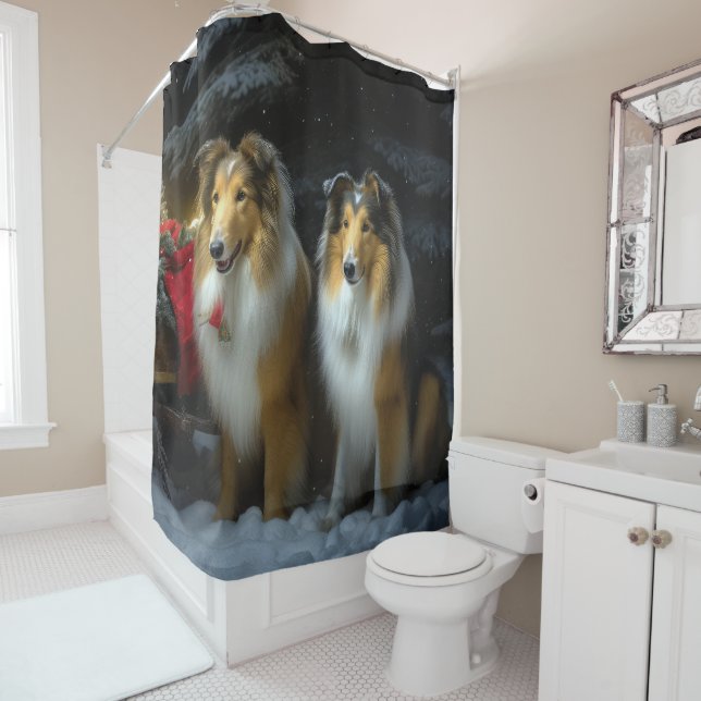 Rough Collie Snowy Sleigh Weihnachtsdekor Duschvorhang (Beispiel)