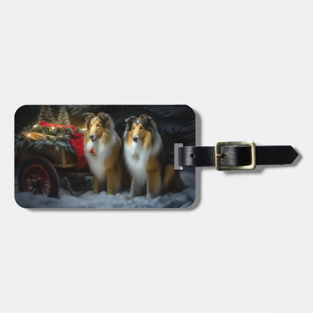 Rough Collie Snowy Sleigh Weihnachtsdekor Gepäckanhänger (Vorderseite horizontal)