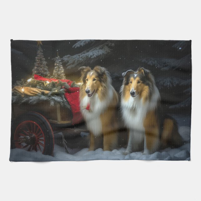 Rough Collie Snowy Sleigh Weihnachtsdekor Geschirrtuch (Horizontal)