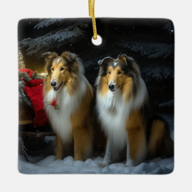 Rough Collie Snowy Sleigh Weihnachtsdekor Keramikornament (Vorderseite)
