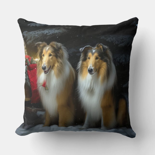 Rough Collie Snowy Sleigh Weihnachtsdekor Kissen (Vorderseite)
