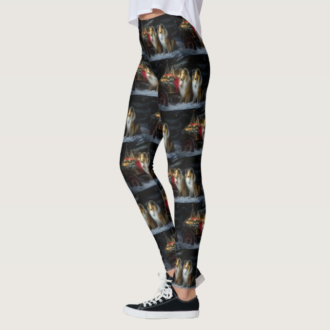 Rough Collie Snowy Sleigh Weihnachtsdekor Leggings (Links)