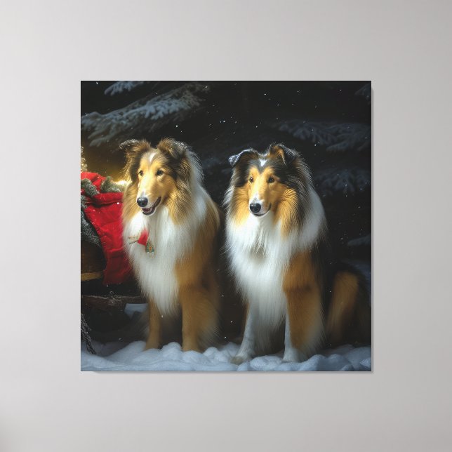 Rough Collie Snowy Sleigh Weihnachtsdekor Leinwanddruck (Vorderseite)