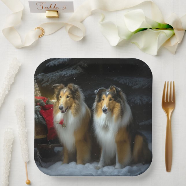 Rough Collie Snowy Sleigh Weihnachtsdekor Pappteller (Hochzeit)