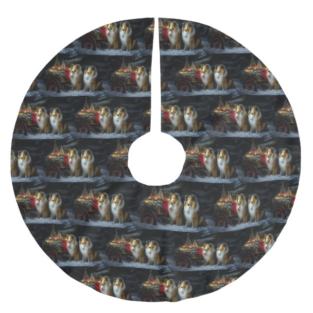 Rough Collie Snowy Sleigh Weihnachtsdekor Polyester Weihnachtsbaumdecke (Vorderseite)