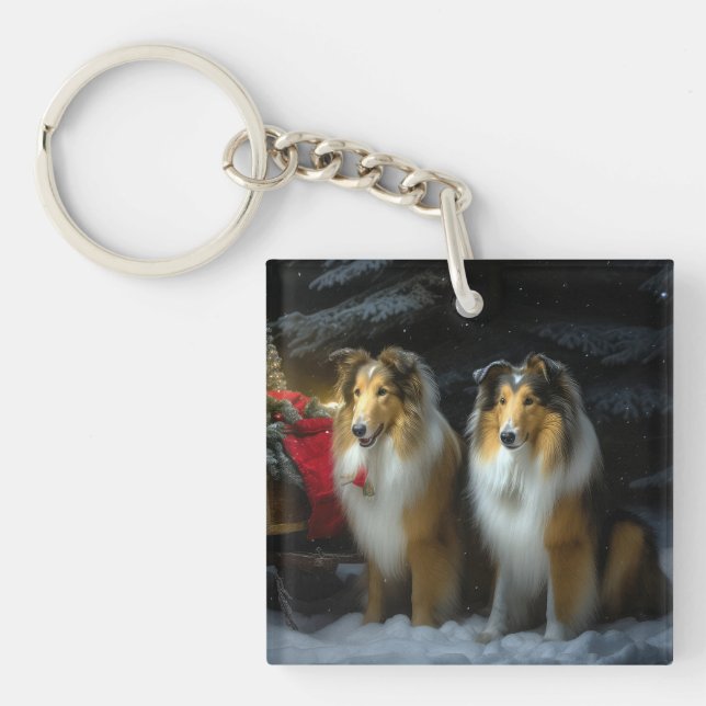 Rough Collie Snowy Sleigh Weihnachtsdekor Schlüsselanhänger (Vorderseite)