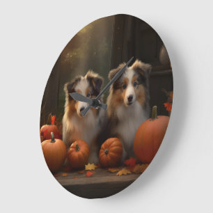 Rough Collie Welpe Herbstfreude Kürbis  Große Wanduhr