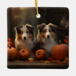 Rough Collie Welpe Herbstfreude Kürbis Keramikornament