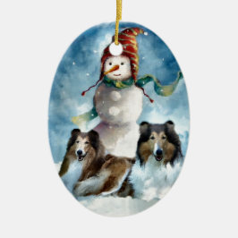 Rough Collie with Snowman Christmas Keramikornament