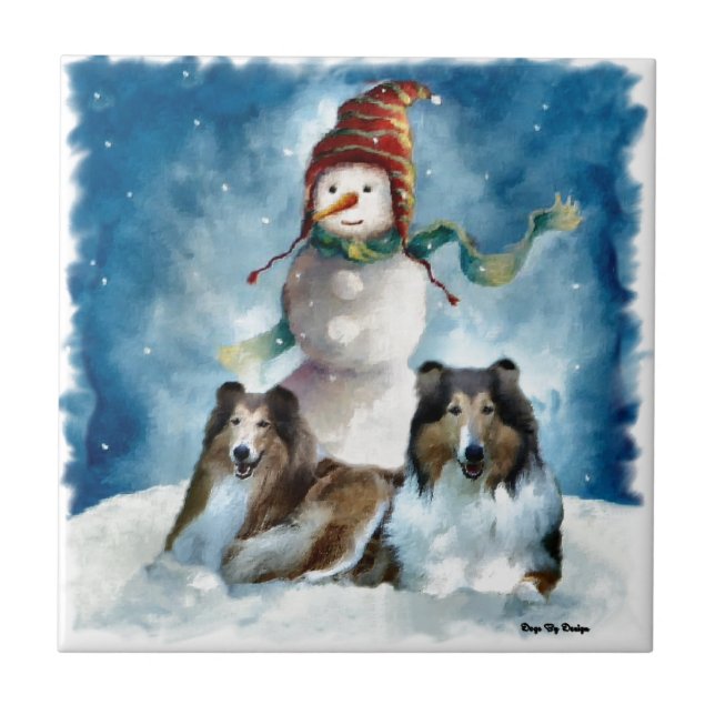 Rough Colliese mit Snowman Weihnachten Fliese (Vorderseite)