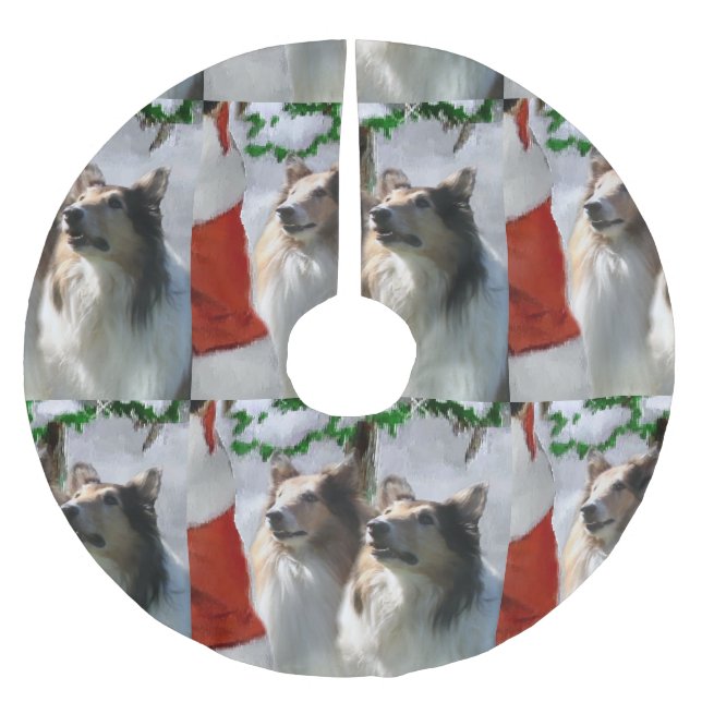 Rough Colliese treffen Weihnachten Polyester Weihnachtsbaumdecke (Vorderseite)