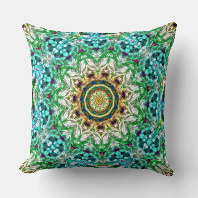 Rough Metal aqua blau und grüne Textur Mandala Kissen (Vorderseite)