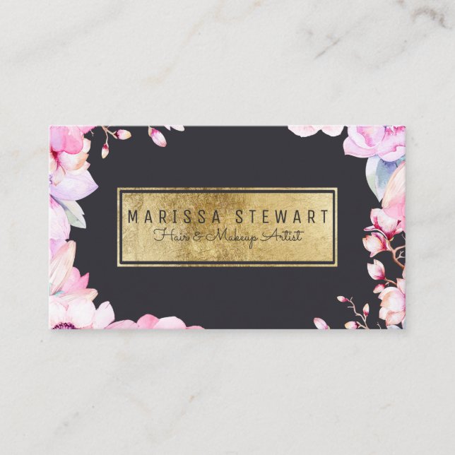 Rougissent le carte de visite floral et noir rose (Devant)
