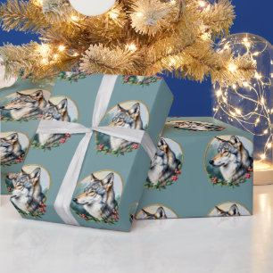 Rouleau de papier cadeau Loup d'art populaire Bleu