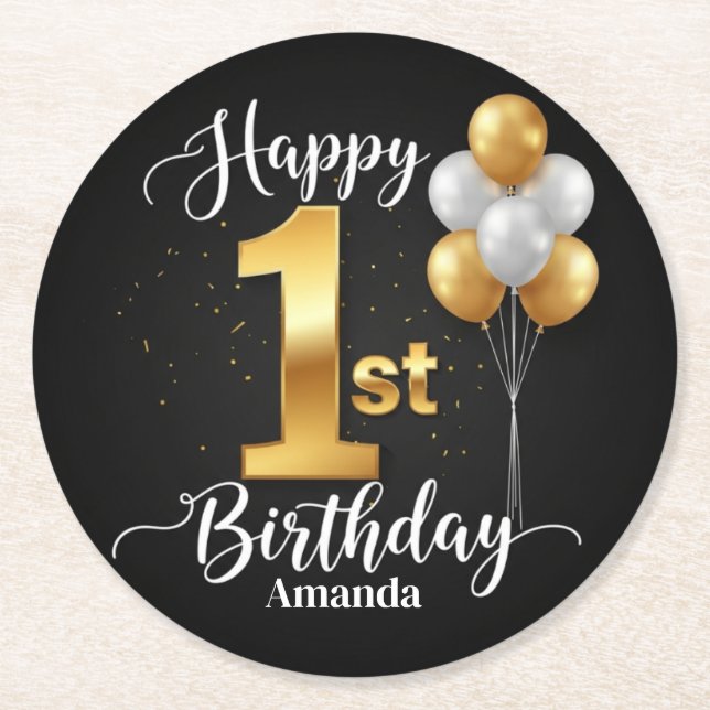 Round Black Gold 1st Birthday Paper Coaster Runder Pappuntersetzer (Vorderseite)