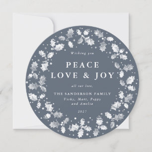 Round Blue-Grey Holly Wreath Peace Liebe + Joy Feiertagskarte