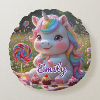Round Candy Unicorn Coussin - Nom modifiable
