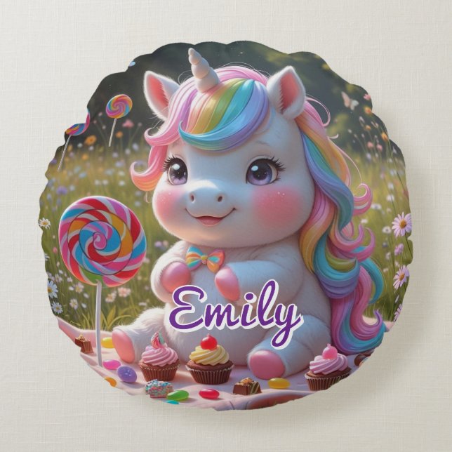 Round Candy Unicorn Coussin - Nom modifiable (Devant)