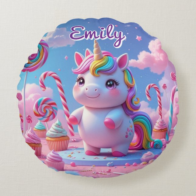 Round Candy Unicorn Coussin - Nom modifiable (Devant)