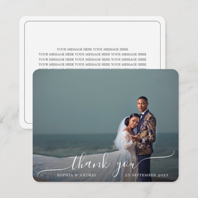Round Corner Moderne Foto Script Border Wedding Dankeskarte (Vorne/Hinten)