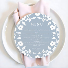 Round Dusty Blue White Folk Floral Wedding Menu Feiertagskarte