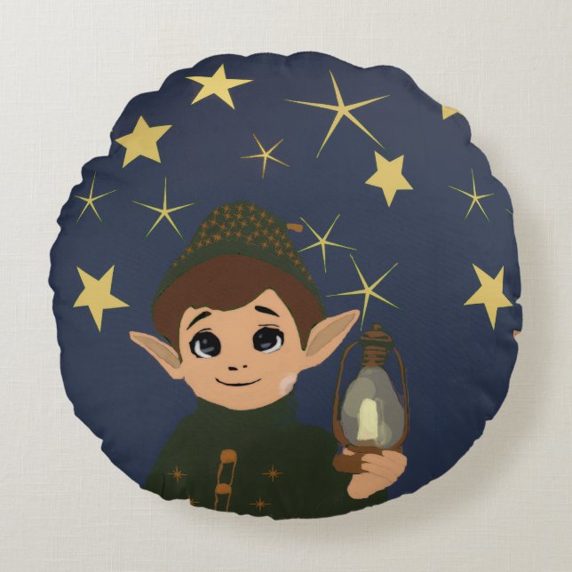 Round Elf Watcher Throw Pillow Starry Night Rundes Kissen (Vorderseite)