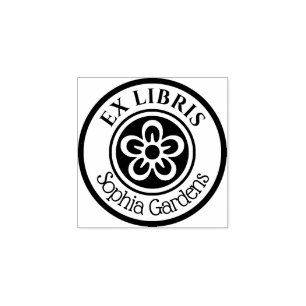 Round Ex Libris Blume Motif (weiß auf schwarz) Gummistempel