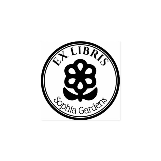 Round Ex Libris - Blume und Blätter Motif Gummistempel (Prägung)