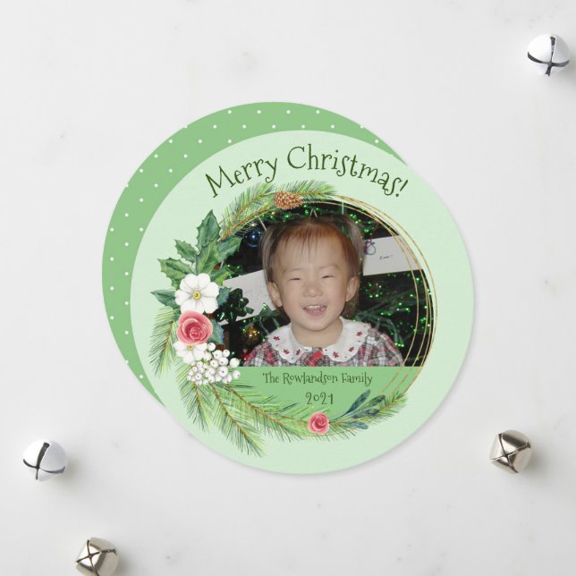 Round Floral Elegante Foto Weihnachten (Vorderseite/Rückseite Beispiel)