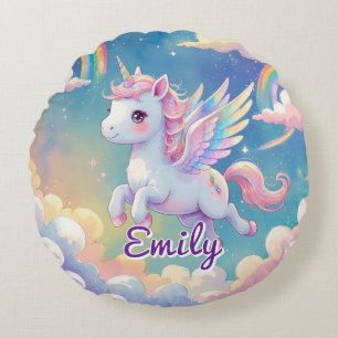 Round Flying Unicorn - bearbeitbarer Name Rundes Kissen