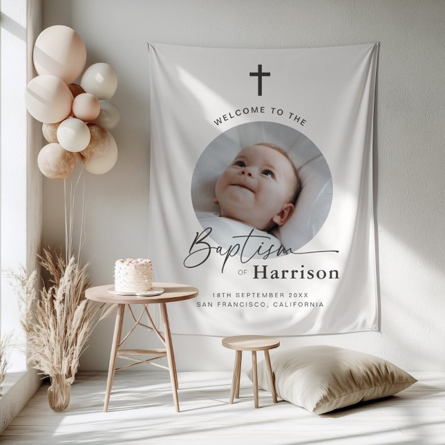 Round Foto Baptisse - Begrüßungszeichen Wandteppich (Zazzle Round Photo Baptism - Welcome Sign Tapestry)