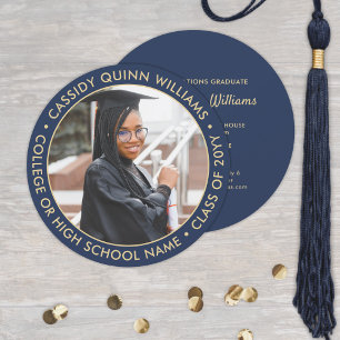 Round Foto Navy Blue & Gold Abschluss Einladung