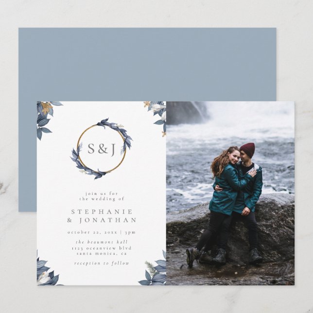 Round Gold Monogram & Blue Blätter Wedding Foto Einladung (Vorne/Hinten)