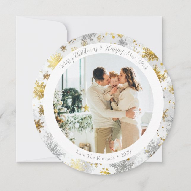 Round Gold & Silber Snowflake Weihnachtskarte Feiertagskarte (Vorderseite)