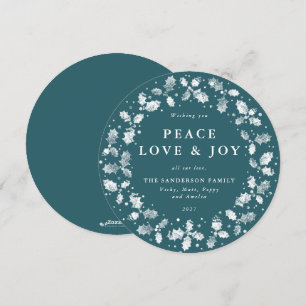 Round Green Holly Wreath Peace Liebe + Freude Feiertagskarte