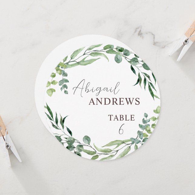 Round Greenerity Foliage Wedding Guest Platzkarte (Vorderseite/Rückseite Beispiel)